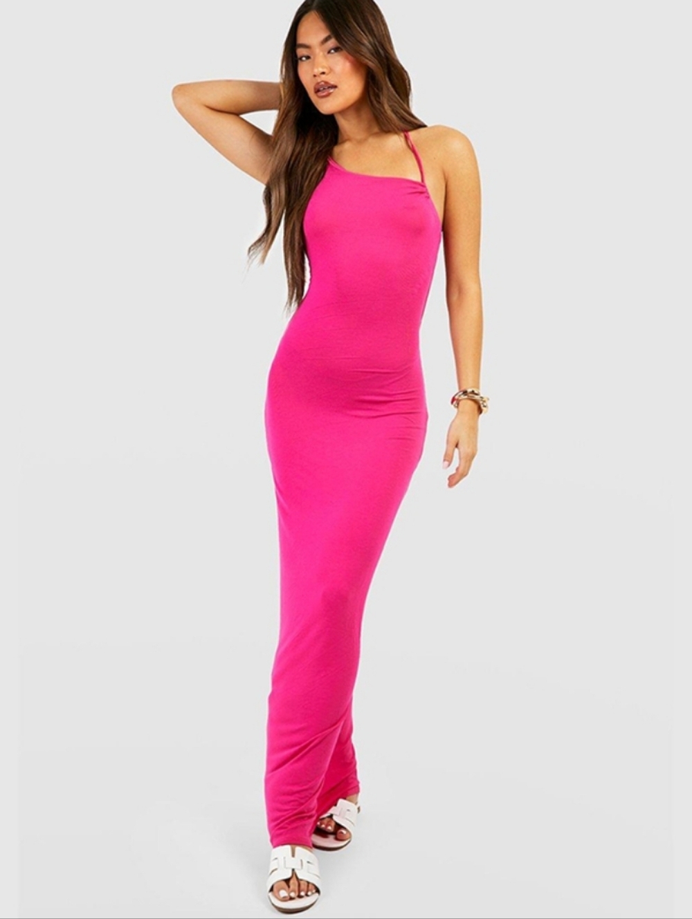 Asymmetric Hot Pink Slim Maxi Dress